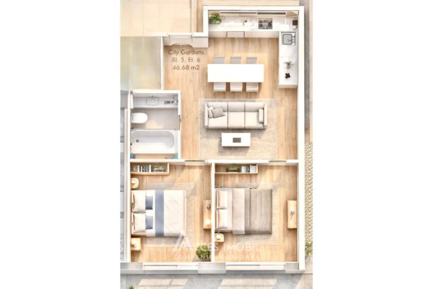 City Gardens! Râșcani, bd. Renașterii Naționale, 2 camere + living. Variantă albă!: 2