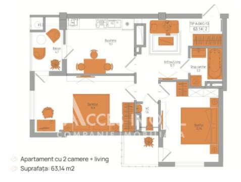 Braus! Bloc Nou! Telecentru, șos. Hâncești, 2 camere + living. Varianta albă! Localizare de mijloc!: 3