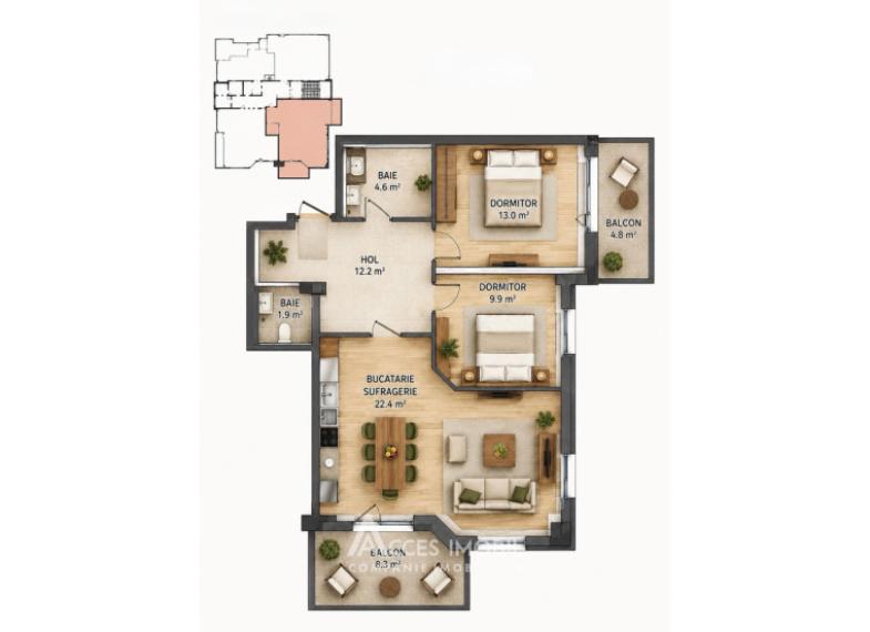 Satul German! Bloc nou! 2 camere + living. În construcție!: 12