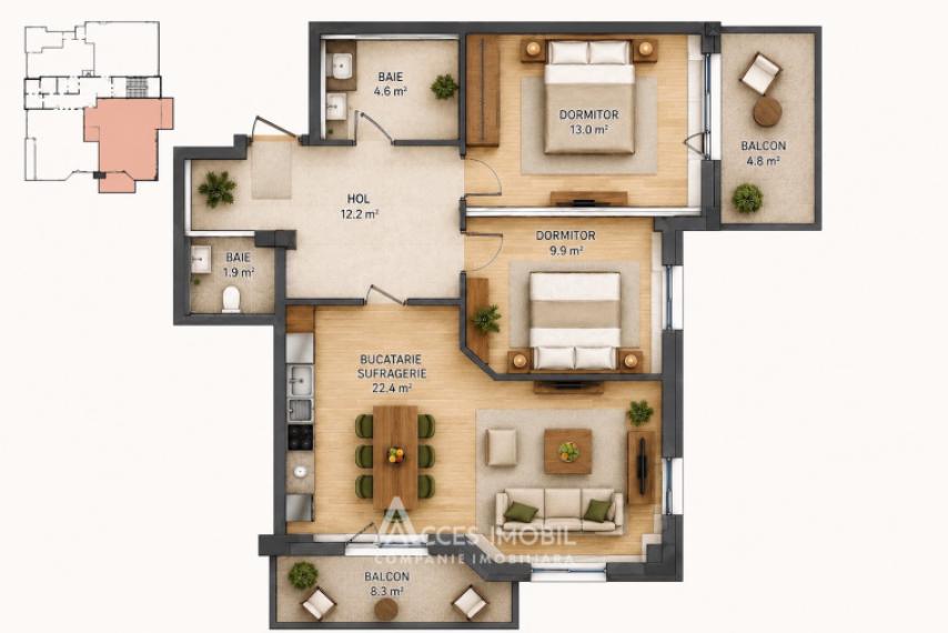 Satul German! Bloc nou! 2 camere + living. În construcție!: 9