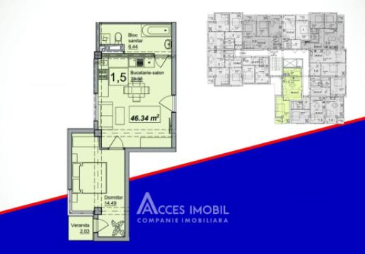 Estate Invest! Bloc Nou! Durlești, str. Atelierilor, 1 cameră + living. Varianta albă!: 3