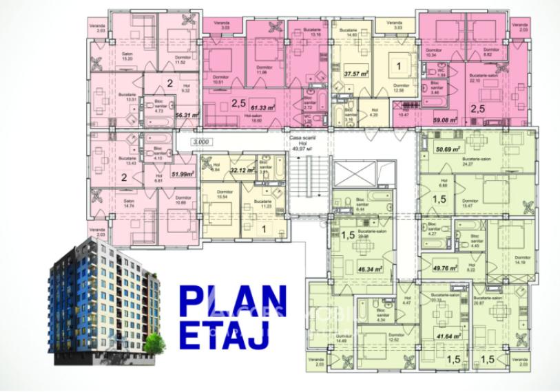 Estate Invest! Новострой! Дурлешты, ул. Ательерилор, 2 комнаты + гостиная. Белый вариант!: 1