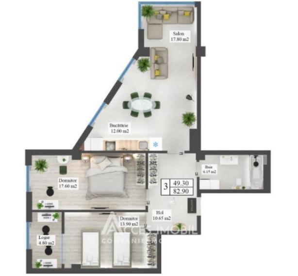 Inamstro! Centru, str. N. Testemițanu, 2 camere + living. Variantă albă!: 3